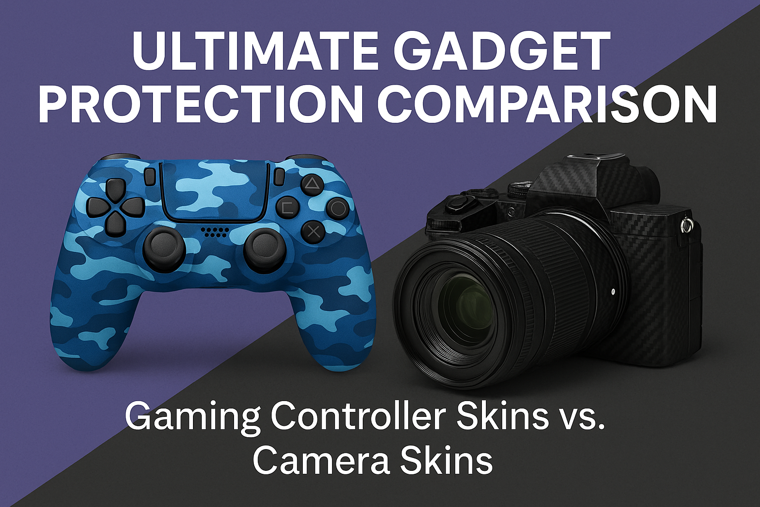 Illustration showing a gaming controller with a custom skin on the left and a professional camera with a sleek skin on the right, highlighting gadget protection comparison.