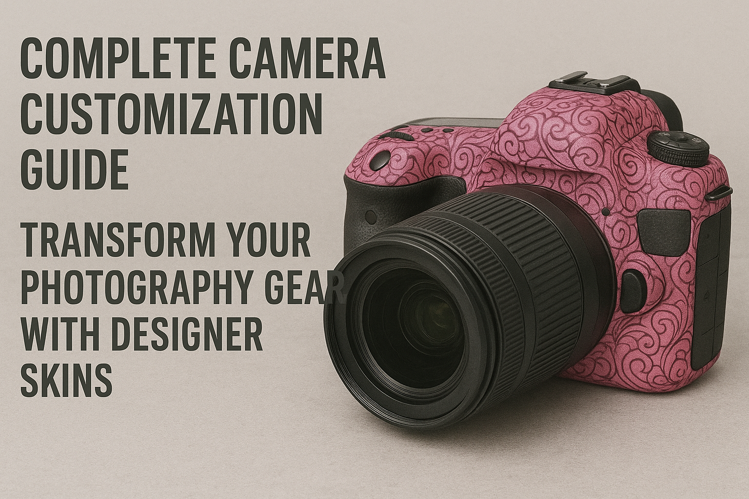 DSLR camera wrapped in a stylish pink designer skin with black patterns, placed on a gray background beside the blog title ‘Complete Camera Customization Guide: Transform Your Photography Gear with Designer Skins.