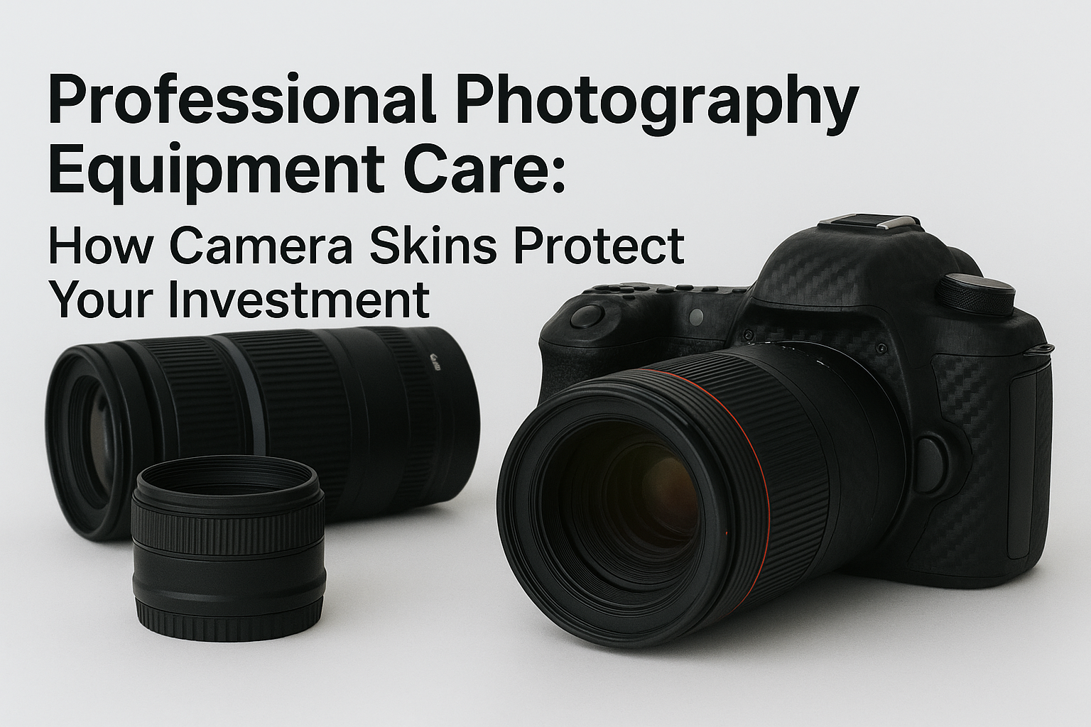 Professional DSLR cameras with carbon fiber skins and lenses on a light background, illustrating equipment care and protection by Camskns.
